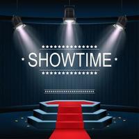 Vektor-Illustration von Showtime-Banner mit Podium und rotem Teppich, die von Scheinwerfern beleuchtet werden