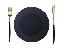 schwarzer Teller mit Messer und Gabel mit goldener Tönung. isoliert auf weißem Hintergrund. Food-Design-Dekoration. realistisch. vektor