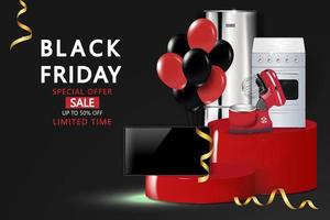 Das Konzept eines Black Friday-Verkaufsplakats für den Kauf von Elektrogeräten und Haushaltsgeräten. 3D-Rendering auf schwarzem Hintergrund isoliert vektor