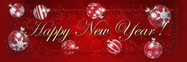 Horizontales Banner des neuen Jahres mit Rahmen und bunten Kugeln mit Funkeln und Schneeflocken. Neujahrs- und Weihnachtskartenvektorillustration auf rotem Hintergrund vektor