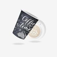 schwarze Papierkaffeetasse mit Kaffeegestaltungselementen auf weißem Hintergrund. Sammlung von 3D-Mock-up-Kaffeetasse. vektor