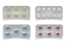 Tabletten zur Behandlung in einer Packung. Tabletten Vitamin, Antibiotikum, Aspirin, Paracetomol. realistisches Verpackungsmodell. Vektor-Pack-Illustration auf Hintergrund isoliert. vektor