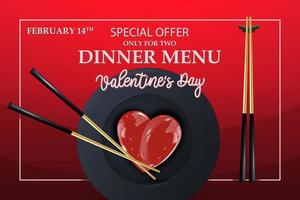 Valentinstag-Menü-Design mit goldenen Sushi-Sticks auf rotem Grund. Romantik, 14. Februar, Abendessen, Essenskonzept. Vektorillustration für Banner, Poster, Menü, Broschüre, Werbung. vektor