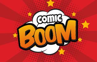 Bombe im Pop-Art-Stil und Comic-Sprechblase mit Text - BOOM! Karikaturdynamit am Hintergrund mit Punkthalbtonbild und Sonnendurchbruch. vektor