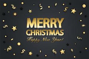 Weihnachtshintergrund mit glänzendem Goldstern und Konfetti. Frohe Weihnachten-Kartenillustration auf schwarzem Hintergrund. vektor