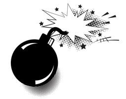 Bombe im Pop-Art-Stil und komische Sprechblase. Karikaturdynamit am Hintergrund mit Punkthalbtonbild und Sonnendurchbruch. vektor