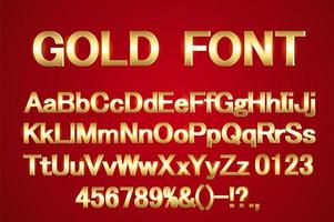 glänsande moderna guld teckensnitt isolerad på röd bakgrund. vintage gyllene 3d-siffror och bokstäver. vektor