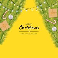 Frohe Weihnachten mit Weihnachtsgeschenkbox, Weihnachtsbaum, Lutscher, Weihnachtsbeleuchtung, hell auf gelbem Hintergrund vektor