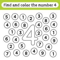 lärande arbetsblad för barn, hitta och färga siffror. pedagogiskt spel för att känna igen formen på siffran 4. vektor