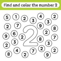 Arbeitsblätter für Kinder lernen, Zahlen finden und färben. Lernspiel, um die Form der Zahl 2 zu erkennen. vektor