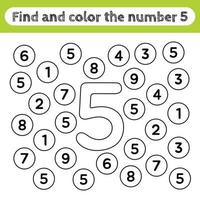 Arbeitsblätter für Kinder lernen, Zahlen finden und färben. Lernspiel, um die Form der Zahl 5 zu erkennen. vektor