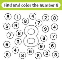Arbeitsblätter für Kinder lernen, Zahlen finden und färben. Lernspiel, um die Form der Zahl 8 zu erkennen. vektor