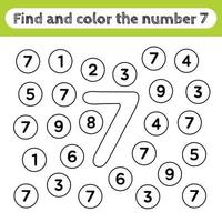Arbeitsblätter für Kinder lernen, Zahlen finden und färben. Lernspiel, um die Form der Zahl 7 zu erkennen. vektor