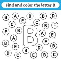 lärande arbetsblad för barn, hitta och färglägga bokstäver. pedagogiskt spel för att känna igen formen på alfabetet. bokstaven b. vektor