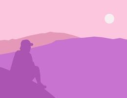 vektorillustration av en man som sitter på ett berg med en vacker utsikt över bergen. illustration av ett berg vektor