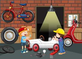 barn som reparerar en bil tillsammans i garaget vektor