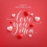 Liebe dich Mama Wort handgezeichnete Schriftzüge und Kalligraphie mit roten und rosa Herzen auf rotem Hintergrund. Muttertagsvorlage oder Hintergrund für Liebes- und Muttertagskonzept vektor