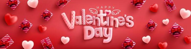 Happy Valentinstag Poster oder Banner mit süßer Schrift, süßen Herzen und Geschenkbox auf rotem Hintergrund. Promotion- und Shopping-Vorlage oder Hintergrund für Liebes- und Valentinstagskonzept vektor