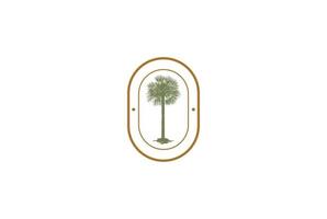 vintage retro palm kokosnöt träd etikett badge emblem klistermärke logotyp design vektor