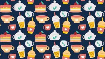 sömlöst upprepande mönster med drinkar och desserter för cafémeny. print för en butik med te och kaffe och en varm dryck. vektor illustration.