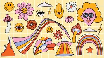 Set von Hipster-Retro-coolen psychedelischen Elementen. eine Sammlung toller Cliparts aus den 70er Jahren. editierbarer Strich. abstraktes Design von Cartoon-Aufklebern. Trend-Vektor-Illustration. vektor