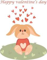 ein liebevoller Hase sitzt auf einer Wiese. Herzen um das Kaninchen. valentinstag karte. vektor