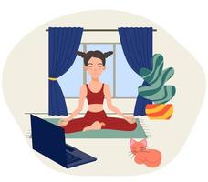 Ein Mädchen zu Hause mit einer Katze und einer Blume macht online Yoga. vektor