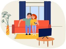 modernt par tittar på tv i vardagsrummet på soffan vektor