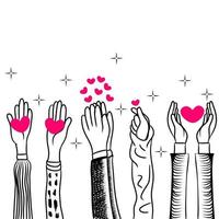 händerna upp, händerna klappar av kärlek. ge och dela din kärlek till människor. begreppet välgörenhet och donation. doodle vektor illustration