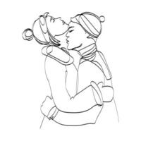 par unga glada människor kvinna och man kramar, handritad skiss isolerad på vit bakgrund. vektor kontur illustration av älskare i varma kläder och hattar, kysser