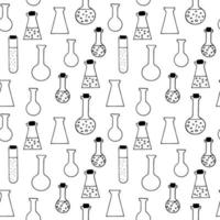 Chemische Reagenzgläser und Flaschen nahtlose Muster handgezeichnete Doodle, Vektor. Strichzeichnungen, nordisch, skandinavisch, minimalismus, monochrom. Tapete, Textilien, Druck, Geschenkpapierhintergrund vektor