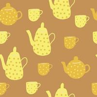 Teekanne und Tassen nahtlose Muster. handgezeichnetes Gekritzel. , Karikatur, Minimalismus. Trendfarben 2021. Tapeten, Verpackungen, Textilien, Banner Küche Tee Kaffee Getränke Tischdecke Cafe vektor