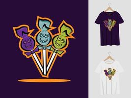 Lutscher Süßigkeiten Halloween-Maskottchen-Design mit T-Shirt. Lutscher-Illustration für Halloween-Party und T-Shirt drucken vektor