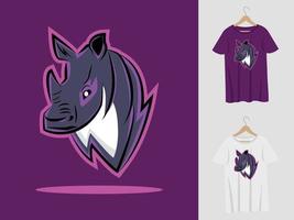 noshörning logotyp maskot design med t-shirt. illustration av noshörningshuvud för sportteam och tryckt t-shirt vektor