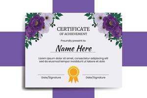 certifikat mall lila pion blomma akvarell digital handritad vektor