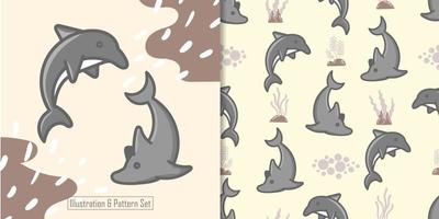 söt delfin djur illustration med plantskola sömlösa mönster vektor