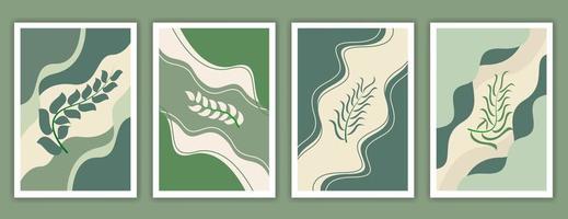 botanische Aquarell-Wand-Kunst-Vektor-Set. Erdton Hintergrund Laub Strichzeichnungen mit abstrakter Form. abstraktes Pflanzenkunstdesign für gerahmte Wanddrucke, Leinwanddrucke, Poster, Wohnkultur.