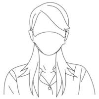 illustration linjeteckning av en ung kvinna som är sjuk som bär medicinska ansiktsmasker för att skydda mot sjukdomar, luftföroreningar, coronavirus, sars, bakterier, influensa eller mers-cov. flicka med ansiktsmasker tittar på kameran vektor