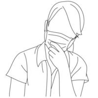 Illustration Strichzeichnung einer jungen Frau mit Unwohlsein und Husten als Symptom für Erkältung, Kurzatmigkeit, Halsschmerzen oder Bronchitis. ein Weibchen, das in seine Faust hustet, isoliert auf einem weißen vektor