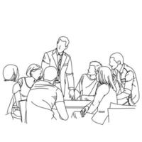 Illustration der Strichzeichnung eines Mitarbeiters oder Geschäftsteams, das eine Strategie seines Unternehmens mit Führungskräften im Büro bespricht. Gruppe von Geschäftsleuten, die in Gruppen im Büro sitzen und diskutieren vektor