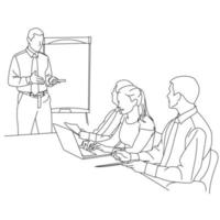 Illustration der Strichzeichnung eines Mitarbeiters oder eines Geschäftsteams, das eine Strategie seines Unternehmens mit Führungskräften im Büro bespricht. Gruppe von Geschäftsleuten, die in Gruppen im Büro sitzen und diskutieren vektor