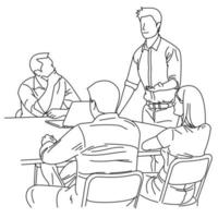 Illustration der Strichzeichnung eines Mitarbeiters oder eines Geschäftsteams, das eine Strategie seines Unternehmens mit Führungskräften im Büro bespricht. Gruppe von Geschäftsleuten, die in Gruppen im Büro sitzen und diskutieren vektor