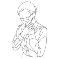 illustration linjeteckning av en ung kvinna som mår dåligt och hostar som symptom på förkylning, andnöd, halsvärk eller bronkit. en kvinna som hostar in i näven isolerad på en vit vektor