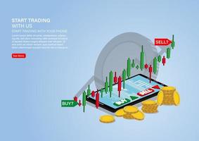Candlestick-Chart für Aktienverkauf und -kauf mit Mobiltelefonen, Marktinvestitionshandel, Vektorillustration