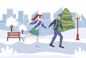 ein junger mann und eine frau skaten im winter. Ein verliebtes Paar hat Spaß bei einem Date. flache Vektorillustration vektor