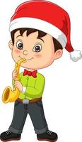 tecknad liten pojke som bär juldräkt spelar trumpet vektor