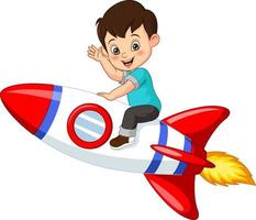 söt liten pojke som rider en raket vektor