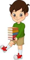 glücklicher süßer kleiner Junge, der Stapel Bücher hält vektor