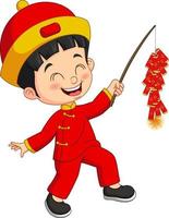 chinesischer Junge der Karikatur, der einen Feuerwerkskörper hält vektor