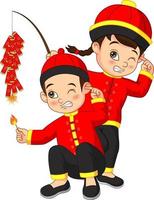 Cartoon chinesische Kinder mit einem Feuerwerkskörper vektor